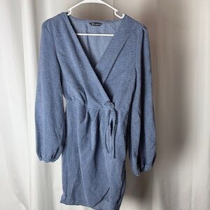 Simplee Light Blue Textured Wrap Top with Tie Waist